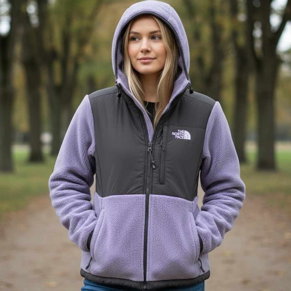 The North Face Denali Hooded Fleece Jacket Womens Small Purple Grey Full Zip